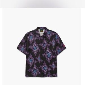 Short-Sleeve Black Button-Down Shirt with Purple & Blue Floral Print
